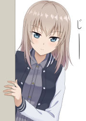 Rule 34 | 1girl, black jacket, blue eyes, blush, casual, closed mouth, collared shirt, commentary, darknessukaru, girls und panzer, grey shirt, highres, itsumi erika, jacket, letterman jacket, light frown, long hair, long sleeves, open clothes, open jacket, peeking out, shirt, silver hair, solo, staring, translated, upper body, white background, wing collar