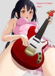 Rule 34 | 1girl, 2022, black hair, brown eyes, casual one-piece swimsuit, cowboy shot, electric guitar, from below, guitar, hair between eyes, happy birthday, highres, instrument, island lagoon, k-on!, long hair, looking at viewer, nakano azusa, one-piece swimsuit, pink one-piece swimsuit, sidelocks, solo, standing, swimsuit, twintails