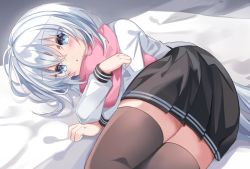 Rule 34 | 1girl, bed, black sailor collar, black skirt, black thighhighs, blue eyes, commentary request, fathom, hibiki (kancolle), highres, kantai collection, looking at viewer, lying, on side, pink scarf, pleated skirt, sailor collar, sailor shirt, scarf, school uniform, serafuku, shirt, silver hair, skirt, solo, thighhighs, verniy (kancolle)