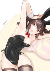 Rule 34 | 1girl, alternate costume, animal ears, black eyes, black hair, black leotard, bow, bowtie, breasts, brown thighhighs, detached collar, hair flaps, hatsuzuki (kancolle), highres, kantai collection, leotard, lying, on side, one-hour drawing challenge, playboy bunny, rabbit ears, red bow, red bowtie, small breasts, solo, strapless, strapless leotard, tetsukuzu (yajirushi shita), thighhighs, wrist cuffs, yes-no pillow