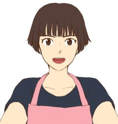 Rule 34 | 1girl, apron, bob cut, breasts, brown eyes, brown hair, commentary request, gake no ue no ponyo, graphite (medium), jas (littlecrime), lisa (ponyo), looking at viewer, open mouth, shirt, short hair, simple background, smile, solo, studio ghibli, traditional media, white background