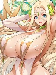 Rule 34 | 1girl, aqua eyes, armpits, arms up, breast curtains, breasts, cerestia of life, clothing cutout, curvy, elbow gloves, elf, floral background, forehead jewel, gloves, highres, huge breasts, last origin, laurel crown, long pointy ears, navel, navel cutout, pointy ears, revealing clothes, solo, umigarasu (kitsune1963), upper body, white gloves