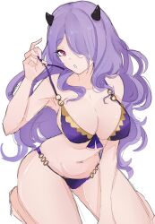 Rule 34 | 1girl, bare shoulders, bikini, breasts, camilla (fire emblem), camilla (summer) (fire emblem), cleavage, covered erect nipples, fire emblem, fire emblem fates, fire emblem heroes, hair over one eye, highres, kneeling, large breasts, long hair, looking at viewer, nintendo, off shoulder, official alternate costume, open mouth, pink eyes, purple bikini, purple hair, serafineart1001, sideboob, solo, swimsuit, undressing, very long hair