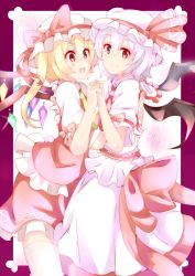 Rule 34 | 2girls, ascot, bat wings, blonde hair, blue hair, bow, dress, flandre scarlet, frilled hat, frills, hat, highres, mozu (violetred), multiple girls, open mouth, pink dress, red bow, red eyes, red shirt, red skirt, remilia scarlet, ribbon, shirt, short hair, siblings, side ponytail, sisters, skirt, smile, thighhighs, touhou, wings