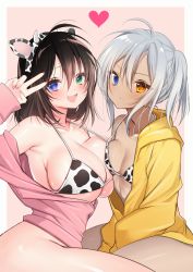 Rule 34 | 2girls, ahoge, animal ears, animal print, arm up, armpits, asymmetrical docking, bad id, bad pixiv id, bare shoulders, between legs, bikini, bikini under clothes, black hair, blue eyes, blush, border, breast press, breasts, cleavage, closed mouth, collarbone, cow ears, cow horns, cow print, dark-skinned female, dark skin, fingernails, green eyes, hairband, hand between legs, heart, heterochromia, highres, horns, jacket, large breasts, long fingernails, long sleeves, looking at viewer, multiple girls, nail polish, off shoulder, open clothes, open jacket, orange eyes, original, outside border, pink background, pink jacket, pink nails, print bikini, short hair, side ponytail, silver hair, simple background, sitting, small breasts, strap gap, swimsuit, thighs, two-tone hairband, v, white border, yellow jacket, yoruhoshi owl