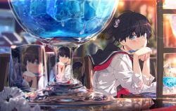 Rule 34 | 1girl, black hair, black sailor collar, blue eyes, blush, cup, drinking glass, from side, highres, holding, holding pen, lens flare, long sleeves, looking at viewer, looking to the side, ogipote, original, own hands together, parted lips, pen, reflection, sailor collar, school uniform, serafuku, shirt, short hair, short ponytail, sitting, solo, table, upper body, water drop, white shirt