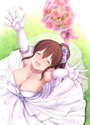 Rule 34 | 1girl, armpits, arms up, bare shoulders, blush, bouquet, breasts, bride, brown hair, cai geng, cleavage, closed eyes, collarbone, dress, elbow gloves, flower, from above, gloves, hair between eyes, hair flower, hair ornament, highres, idolmaster, idolmaster million live!, jewelry, large breasts, long hair, necklace, open mouth, ponytail, ring, rose, satake minako, smile, solo, strapless, strapless dress, throwing, wedding dress, wedding ring, white dress, white gloves
