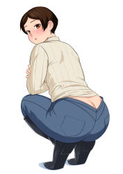 Rule 34 | 1girl, ass, beige shirt, black footwear, blue pants, boots, brown eyes, brown hair, butt crack, denim, earrings, from behind, highres, jeans, jewelry, knee boots, long sleeves, looking at viewer, nemui333, open mouth, original, pants, pants tucked in, shadow, shoe soles, short hair, solo, turtleneck, white background