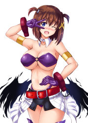 Rule 34 | 1girl, ;d, agito (nanoha), agito (nanoha) (cosplay), armlet, bad id, bad pixiv id, bandeau, belt, bikini, blue eyes, blush, breasts, cleavage, collarbone, commentary request, cosplay, gloves, hand on own chest, highleg, highleg panties, large breasts, looking at viewer, lyrical nanoha, magical girl, midriff, navel, o-ring, one eye closed, open mouth, panties, purple gloves, purple panties, shiny skin, short hair, short twintails, simple background, skirt, smile, solo, standing, swimsuit, thighhighs, thong, twintails, two side up, underboob, underwear, utanone shion, v, v over eye, white background, yagami hayate