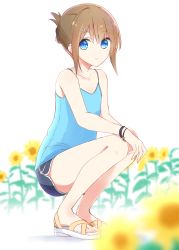 Rule 34 | 1girl, a.a (aa772), alternate breast size, bad id, bad pixiv id, bare arms, bare shoulders, blue camisole, blue eyes, blue shorts, blurry, blurry background, blurry foreground, blush, brown hair, camisole, closed mouth, commentary request, depth of field, flower, folded ponytail, hair between eyes, hair ornament, hairclip, kantai collection, maya (kancolle), sandals, short shorts, shorts, sidelocks, simple background, solo, squatting, sunflower, thighs, white background, white footwear, x hair ornament, yellow flower