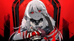 Rule 34 | ataririri, chair, choker, commentary, crown, unworn crown, fangs, fangs out, finger to mouth, fingernails, fur, fur-trimmed jacket, fur trim, gloves, hair between eyes, head tilt, highres, indie virtual youtuber, jacket, king (vocaloid), knee up, logo, long hair, looking at viewer, mizuz, mouth pull, parody, partially fingerless gloves, red eyes, red theme, slit pupils, solo, tagme, teeth, throne, upper body, virtual youtuber, vocaloid, white hair