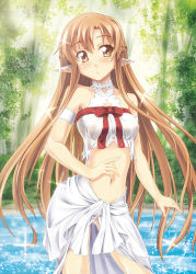Rule 34 | 10s, 1girl, :o, armband, asuna (sao), braid, breasts, brown eyes, brown hair, choker, crop top, ear covers, gekato, half updo, highres, long hair, looking at viewer, navel, nipples, no panties, pointy ears, ribbon, see-through, shiny skin, solo, sparkle, sword art online, titania (sao), water, wet, wet clothes