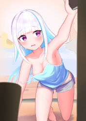 Rule 34 | 1girl, absurdres, all fours, armpits, bare shoulders, barefoot, blue camisole, blue hair, blunt bangs, blush, book, breasts, camisole, colored inner hair, dolphin shorts, hair flaps, highres, kurenai rock, light blue hair, lize helesta, long hair, medium breasts, multicolored hair, nijisanji, open mouth, purple eyes, purple shorts, shorts, solo, strap slip, sweat, very long hair, virtual youtuber, wavy mouth, white hair