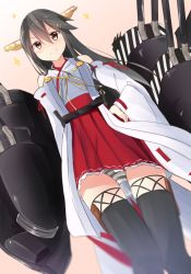 Rule 34 | 10s, 1girl, bare shoulders, black hair, black legwear, blurry, blush, closed mouth, cowboy shot, detached sleeves, dutch angle, eyebrows, from below, gradient background, hair between eyes, hair ornament, hairclip, hand on own hip, haruna (kancolle), headgear, kantai collection, long hair, long sleeves, looking at viewer, machinery, nontraditional miko, panties, pantyshot, pink background, smile, solo, sparkle, standing, striped clothes, striped panties, turret, underwear, yellow eyes, yuki (yukin0128)