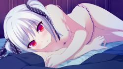Rule 34 | 1girl, bed, blush, bra, breasts, cleavage, donuthouse, game cg, legs, looking at viewer, lying, mayachi (amuriya), navel, on side, panties, pink bra, pink panties, red eyes, small breasts, smile, thighs, twintails, underwear, valkyrie runabout!, white hair