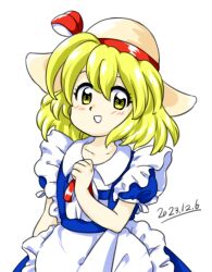 Rule 34 | 1girl, 2023, :d, apron, blonde hair, blue dress, collared shirt, dated, dress, hair between eyes, hand up, hat, hat ribbon, kana anaberal, nonamejd, official style, open mouth, puffy short sleeves, puffy sleeves, red ribbon, ribbon, shirt, short hair, short sleeves, simple background, smile, solo, touhou, touhou (pc-98), white apron, white background, white shirt, yellow eyes, zun (style)