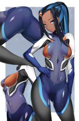 Rule 34 | 1girl, alternate costume, bad id, bad pixiv id, black hair, blue background, blue eyes, blue hair, bodysuit, breasts, breasts apart, closed mouth, contrapposto, creatures (company), dark-skinned female, dark skin, game freak, hair ornament, hand on own hip, highres, long hair, looking at viewer, medium breasts, multicolored hair, multiple views, nessa (pokemon), nintendo, plugsuit, pokemon, pokemon swsh, ponytail, shiny clothes, skin tight, two-tone background, two-tone hair, white background, yuuyuu (yuuki1771)