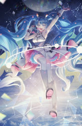 Rule 34 | 1girl, absurdly long hair, aono 99, arm up, armpits, bare shoulders, blue eyes, blue hair, boots, cancer (constellation), commentary, constellation, dress, earth (planet), full body, galaxy live (vocaloid), gloves, hair ornament, hairband, hand up, hatsune miku, headset, layered skirt, long hair, looking at viewer, moon, open mouth, outstretched arm, pink skirt, pisces (constellation), planet, rainbow, refraction, sagittarius (constellation), scorpius (constellation), skirt, sleeveless, sleeveless dress, smile, solo, space, star (sky), star (symbol), star hair ornament, sunrise, thigh boots, thighhighs, twintails, very long hair, virgo (constellation), vocaloid, white dress, white gloves, white thighhighs, zettai ryouiki