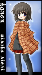 Rule 34 | 1girl, :d, artist request, black hair, black thighhighs, blue eyes, blush, kanon, long sleeves, looking at viewer, looking back, miniskirt, misaka shiori, open mouth, plaid, pleated skirt, poncho, red skirt, shawl, short hair, skirt, smile, solo, standing, thighhighs, zettai ryouiki