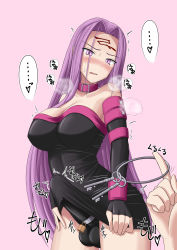 Rule 34 | 1futa, bare shoulders, black dress, blush, breasts, bulge, chastity cage, cleavage, collarbone, dress, embarrassed, erection, erection under clothes, facial mark, fate (series), forehead mark, futa yami, futanari, heavy breathing, highres, japanese text, key, large breasts, long hair, medusa (fate), medusa (rider) (fate), newhalf, panties, penis, pink background, purple eyes, purple hair, simple background, sweat, testicles, trembling, underwear