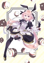 Rule 34 | 1boy, :d, astolfo (fate), astolfo (saber) (fate), astolfo (saber) (third ascension) (fate), bird, black bow, black dress, black gloves, black ribbon, black thighhighs, bow, bowtie, chicken, dress, fang, fate/grand order, fate (series), gloves, hair bow, hair intakes, hair ribbon, hinoya, leg up, long hair, long sleeves, looking at viewer, maid, male focus, multicolored hair, open mouth, outline, pink hair, purple eyes, ribbon, smile, solo, standing, standing on one leg, streaked hair, striped, striped background, thighhighs, trap, twintails, v, white hair, yellow background