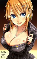 Rule 34 | 1girl, :p, bail, blonde hair, blue eyes, blush, breasts, cleavage, earrings, eyeshadow, hair ornament, hairclip, jewelry, large breasts, looking at viewer, makeup, mole, mole under eye, necklace, opening shirt, original, pinstripe pattern, ring, short hair, smile, solo, striped, tongue, tongue out, unbuttoned, undressing