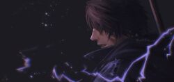 Rule 34 | 1boy, black coat, clive rosfield, coat, commentary, covered eyes, english commentary, final fantasy, final fantasy xvi, highres, lightning, male focus, parted lips, portrait, profile, solo, twitter username, weapon, weapon on back, wibble w