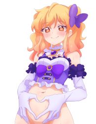 Rule 34 | aikatsu! (series), aikatsu stars!, blonde hair, blouse, blush, bottomless, bow, brooch, choker, closed mouth, commentary request, crop top, elbow gloves, frilled choker, frilled gloves, frilled shirt, frilled straps, frills, gem, gloves, gradient hair, groin, hair bow, heart, heart-shaped pupils, heart hands, idol, jewelry, kumahubuki, looking at viewer, multicolored hair, naughty face, navel, nijino yume, orange eyes, pink hair, pink lips, purple bow, purple gloves, purple shirt, shirt, sidelocks, simple background, sleeveless, sleeveless shirt, smile, solo, spaghetti strap, stomach, sweat, symbol-shaped pupils, upper body, wavy hair, white background, white choker