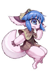 Rule 34 | 1girl, animal ears, barefoot, blue eyes, blue hair, blunt bangs, bob cut, brown capelet, brown headwear, brown shirt, brown skirt, capelet, commentary request, cyclops, eyes visible through hair, floating, full body, furry, furry female, hand up, highres, hijiri rei, light smile, looking at viewer, looking to the side, made in abyss, medium hair, one-eyed, pakkoyan, parted lips, pink fur, purple eyes, shirt, simple background, skirt, solo, tail, white background