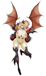 Rule 34 | 1girl, alternate costume, blonde hair, blue eyes, breasts, ciu (artist), cosplay, curvy, demon girl, demon girl (cosplay), demon wings, full body, halloween costume, highres, huge breasts, long hair, looking at viewer, nipples, official alternate costume, onizaki kirara, open clothes, pussy, revealing clothes, solo, taimanin (series), taimanin rpgx, twintails, very long hair, white background, wings