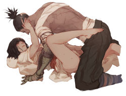 Rule 34 | 2boys, bandaged arm, bandages, barefoot, between legs, black hair, blunt bangs, bottomless, boy on top, brown pants, commentary request, from side, hand between legs, hand on another&#039;s face, highres, japanese clothes, kimono, kneeling, kuro the divine heir, leg up, looking at another, lying, male focus, multiple boys, on back, pants, parted lips, prosthesis, prosthetic arm, sekiro, sekiro: shadows die twice, short hair, short sleeves, simple background, topknot, topless male, vetania, white background, white kimono, wide sleeves, yaoi