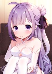Rule 34 | 1girl, ahoge, azur lane, bad id, bad pixiv id, bare shoulders, black ribbon, blush, breasts, cleavage, closed mouth, collarbone, commentary request, curtains, detached sleeves, dress, hair bun, hair ribbon, halterneck, hugging own legs, knees up, long hair, looking at viewer, maeha, medium breasts, purple eyes, purple hair, ribbon, sidelocks, single hair bun, sitting, smile, solo, twitter username, unicorn (azur lane), white dress, white legwear