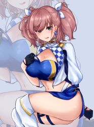 Rule 34 | absurdres, atlanta (kancolle), bandeau, black gloves, blue bandeau, blue skirt, boots, breasts, brown hair, commentary, cosplay, cropped jacket, english commentary, gloves, gotland (kancolle), gotland (kancolle) (cosplay), grey eyes, hair ribbon, half gloves, highres, jacket, kantai collection, knee boots, large breasts, long hair, midriff, miniskirt, mixed-language commentary, paid reward available, race queen, ribbon, shrug (clothing), sitting, skirt, two side up, white footwear, white jacket, white ribbon, yukai (xiaoyu13298276), zoom layer