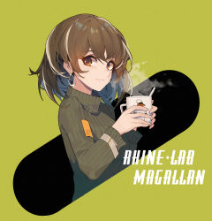 Rule 34 | 1girl, arknights, brown hair, character name, closed eyes, coffee mug, cropped torso, cup, earrings, from side, glint, green background, green sweater, grey hair, highres, holding, holding cup, jewelry, long sleeves, looking at viewer, looking to the side, magallan (arknights), mongarit, mug, multicolored hair, orange eyes, short hair, solo, steam, streaked hair, sweater, turtleneck, turtleneck sweater, two-tone background, upper body