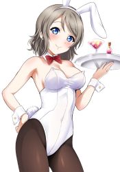 Rule 34 | 1girl, animal ears, bare shoulders, blue eyes, blush, bow, bowtie, breasts, brown hair, rabbit ears, rabbit tail, cleavage, cup, detached collar, drinking glass, fake animal ears, headband, highleg, highleg leotard, highres, leotard, looking at viewer, love live!, love live! sunshine!!, medium breasts, pantyhose, playboy bunny, sankuro (agoitei), short hair, simple background, smile, solo, standing, tail, tray, watanabe you, white background, white leotard