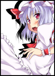 Rule 34 | 1girl, ascot, blush, fang, frills, hat, hat ribbon, highres, light purple hair, looking at viewer, mob cap, open mouth, puffy short sleeves, puffy sleeves, red eyes, red ribbon, remilia scarlet, ribbon, short sleeves, skirt, skirt set, solo, suteru (stiel), touhou, wrist cuffs