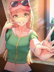 Rule 34 | 1girl, baseball cap, blonde hair, blunt bangs, breasts, commentary, crop top, day, drill hair, english commentary, eyewear on headwear, finger gun, fingersmile, green eyes, green shirt, grin, hand up, hat, heanna sumire, highres, indoors, long hair, looking at viewer, love live!, love live! superstar!!, medium breasts, midriff, navel, notinversion, outstretched arm, shirt, sidelocks, signature, smile, solo, stomach, straight hair, sunglasses, sunlight, teeth, upper body, v, window
