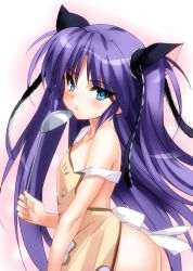 Rule 34 | 1girl, apron, blue eyes, blush, from side, hair ribbon, holding, jpeg artifacts, ladle, little busters!, long hair, looking at viewer, naked apron, off shoulder, one-hour drawing challenge, parted lips, purple hair, ribbon, sasasegawa sasami, solo, twintails, two side up, very long hair, zen