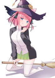Rule 34 | 1girl, :q, absurdres, black cardigan, black ribbon, blue eyes, blunt bangs, blush, breasts, broom, butterfly hair ornament, cardigan, closed mouth, collared shirt, commentary request, full body, go-toubun no hanayome, green skirt, hair ornament, hair ribbon, halloween, hat, highres, holding, holding broom, holding wand, kneeling, large breasts, long sleeves, looking at viewer, multicolored nails, nail polish, nakano nino, no shoes, open cardigan, open clothes, pink hair, pleated skirt, profnote, purple hat, ribbon, shadow, shirt, sidelocks, simple background, skirt, smile, solo, thighhighs, tongue, tongue out, two side up, wand, white background, white shirt, white thighhighs, witch hat, zettai ryouiki