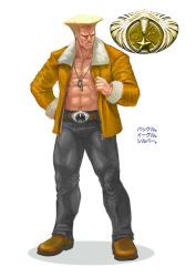 Rule 34 | 1boy, abs, alternate costume, belt, belt buckle, blonde hair, boots, buckle, capcom, denim, dog tags, fur trim, guile, hand on own hip, ikeno daigo, jacket, jeans, male focus, muscular, open clothes, open jacket, pants, topless male, solo, street fighter, street fighter iv (series)