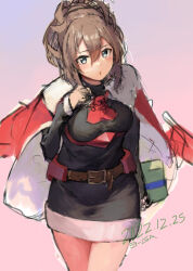 Rule 34 | 1girl, 9-ga, belt, black dress, blue eyes, blush, box, breasts, brown hair, christmas, dated, dress, gift, gift box, gradient background, hair between eyes, holding, jacket, jacket on shoulders, kantai collection, long sleeves, looking at viewer, medium breasts, ponytail, red jacket, sheffield (kancolle), signature, simple background, sketch, solo, unfinished