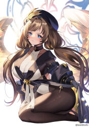 Rule 34 | angel, angel wings, backless leotard, beret, black choker, black gloves, blue eyes, blush, bow, breasts, brown hair, brown pantyhose, choker, gloves, granblue fantasy, hat, heattech leotard, heel-less legwear, highres, holding, holding clothes, large breasts, leotard, long hair, multiple wings, no shoes, pantyhose, raziel (granblue fantasy), revision, seiza, seraph, showgirl skirt, sitting, thighs, twintails, very long hair, white leotard, wings, yuntae