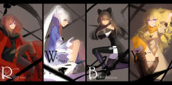 Rule 34 | 4girls, absurdres, bad id, bad pixiv id, black border, black hair, blake belladonna, blonde hair, blue eyes, border, cape, character name, column lineup, copyright name, english text, from side, grey background, highres, long hair, looking at viewer, multiple girls, pantyhose, ponytail, profile, prophet chu, prophet heart, purple eyes, rapier, red hair, ruby rose, rwby, scythe, short hair, simple background, sitting, smile, sword, thighhighs, very long hair, wavy hair, weapon, weiss schnee, white hair, yang xiao long