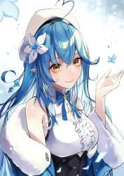 Rule 34 | 1girl, absurdres, ahoge, bare shoulders, beret, blue hair, bow, bowtie, breasts, commentary, flower, hair flower, hair ornament, half updo, hat, highres, hololive, karasuro, long hair, looking at viewer, medium breasts, pointy ears, smile, solo, upper body, virtual youtuber, yellow eyes, yukihana lamy