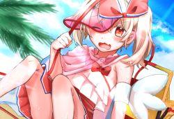 Rule 34 | 1girl, absurdres, armpits, bare shoulders, blonde hair, blush, bow, branch, cape, cloud, fang, fate/grand order, fate/kaleid liner prisma illya, fate (series), flat chest, green eyes, hair between eyes, hair bow, hand up, highres, holding, hose, hose reel, huge filesize, illyasviel von einzbern, illyasviel von einzbern (swimsuit archer), illyasviel von einzbern (swimsuit archer) (second ascension), inflatable armbands, looking at viewer, magical ruby, medium hair, one eye closed, open mouth, outdoors, pink cape, red bow, red skirt, shirt, sidelocks, sitting, skin fang, skirt, sky, sleeveless, solo, star (symbol), star print, swimsuit, thighs, tsukushi haru, visor cap, water, water drop, white shirt