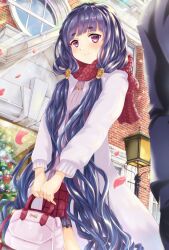 Rule 34 | 1girl, bag, cagasyo, christmas ornaments, christmas tree, closed mouth, commentary request, day, european architecture, handbag, holding, holding bag, kokindenju no tachi (tenka hyakken), lamppost, long coat, long sleeves, looking at another, low twintails, official alternate costume, outdoors, pleated skirt, purple eyes, purple hair, skirt, smile, solo, tenka hyakken, twintails, v arms, wavy hair, winter clothes