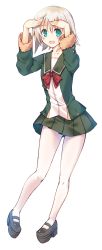 Rule 34 | 10s, 1girl, :d, black footwear, bow, bowtie, full body, green eyes, green jacket, green skirt, highres, jacket, kantai collection, long sleeves, mutsuno hekisa, open mouth, pleated skirt, red bow, red bowtie, shimushu (kancolle), shoes, short hair, silver hair, skirt, smile, solo, transparent background, white background