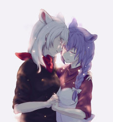 Rule 34 | 2girls, animal ears, arknights, bandana, braid, closed eyes, holding hands, interlocked fingers, jewelry, mole, mole under mouth, mouse ears, mouse girl, multiple girls, necklace, purple hair, red bandana, red neckwear, scavenger (arknights), silver hair, single braid, x-bh4, yuri