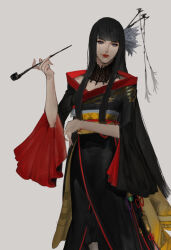 Rule 34 | 1girl, arm across waist, bat hair ornament, black collar, black hair, black kimono, blue eyes, blunt bangs, blunt ends, collar, commentary request, cowboy shot, final fantasy, final fantasy xiv, flower, grey background, hair flower, hair ornament, hair stick, hand up, holding, holding smoking pipe, hyur, ikos2f, inrou, japanese clothes, kimono, kiseru, korean commentary, lace collar, long hair, looking at viewer, mole, mole under mouth, obi, obiage, obijime, red lips, red trim, sash, sidelocks, simple background, smile, smoking pipe, solo, standing, straight hair, two-sided fabric, wide sleeves, yotsuyu goe brutus
