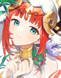Rule 34 | 1girl, aahaha (ydasige11), blue eyes, blue flower, blue nails, blush, eyelashes, flower, genshin impact, headdress, holding, holding flower, horns, jewelry, leaf, long hair, looking at viewer, nail polish, neck ring, nilou (genshin impact), portrait, red hair, smile, solo, veil, water drop, white veil